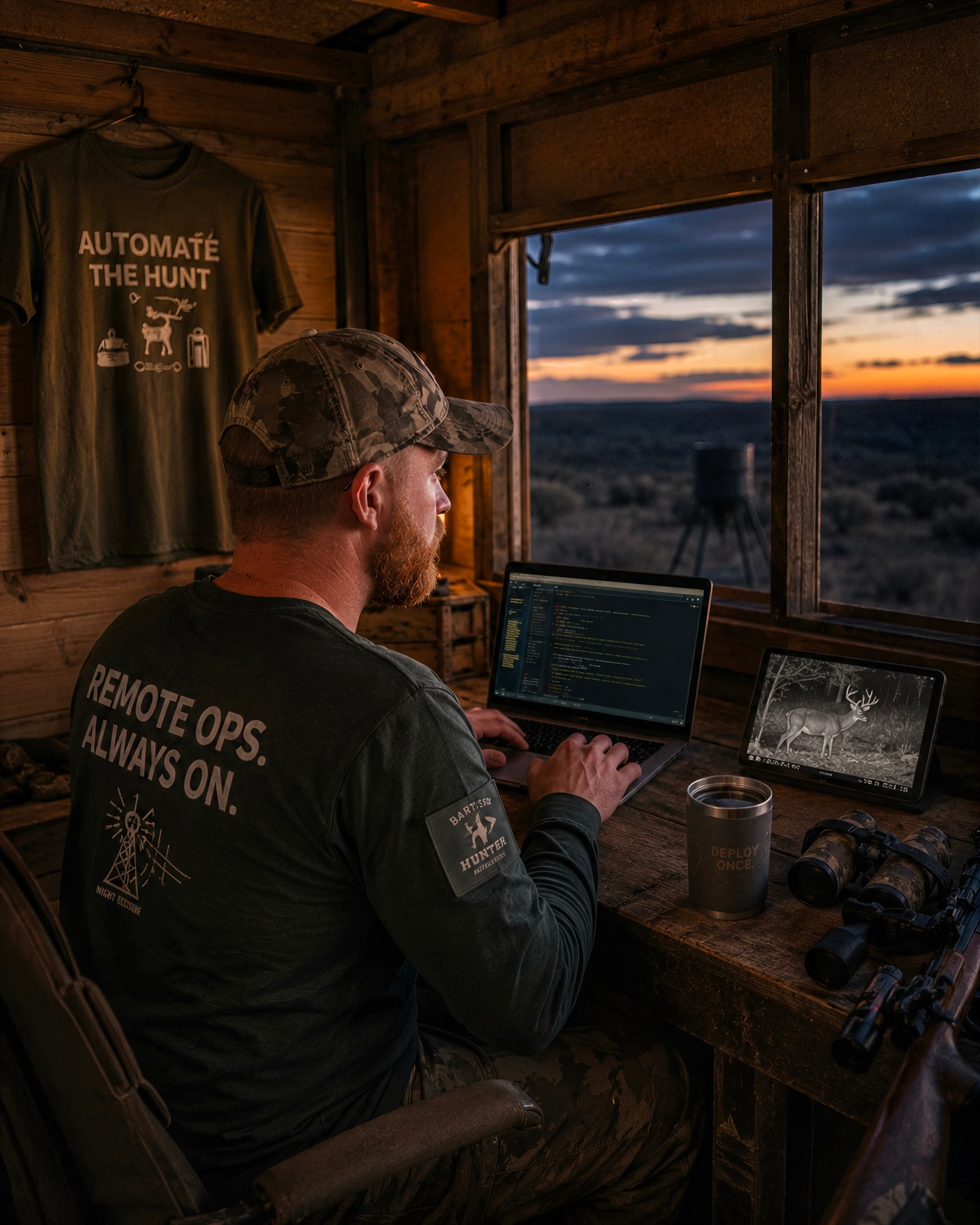 Kyle 'Bart' Bartlett at work in his West Texas hunting blind — MacBook open to a code editor, trail cam showing a mature buck on the tablet beside it, Automate the Hunt shirt on the wall. This is where Bart's Tees was built.